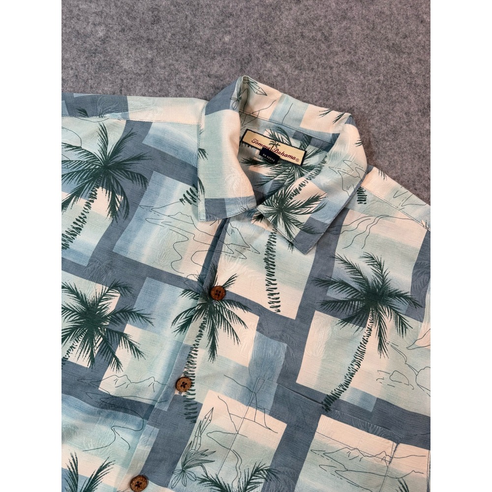 Tommy‎ Bahama Mens Blue Palm Tree Tropical Print Silk Blend Camp Shirt Medium